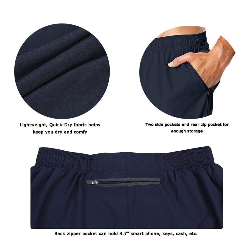 EZRUN Men's 5 Inches Running Workout Shorts Quick Dry Lightweight Athletic Shorts with Liner Zipper Pockets,Navy Blue,L - Image 4